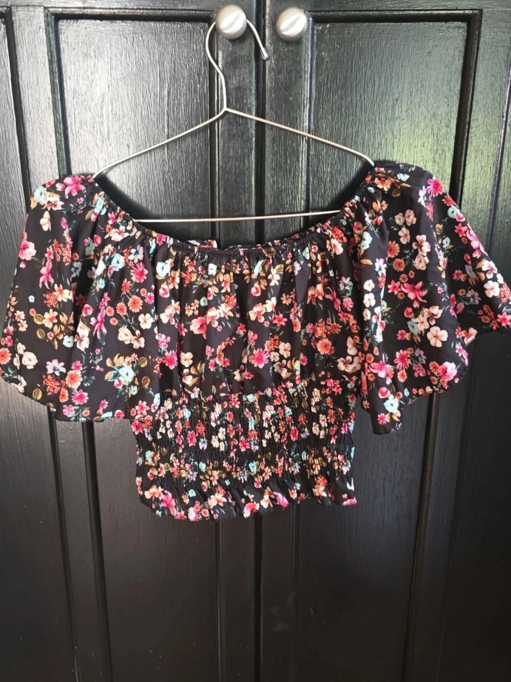 Black Floral Off-Shoulder Smocked Crop Top